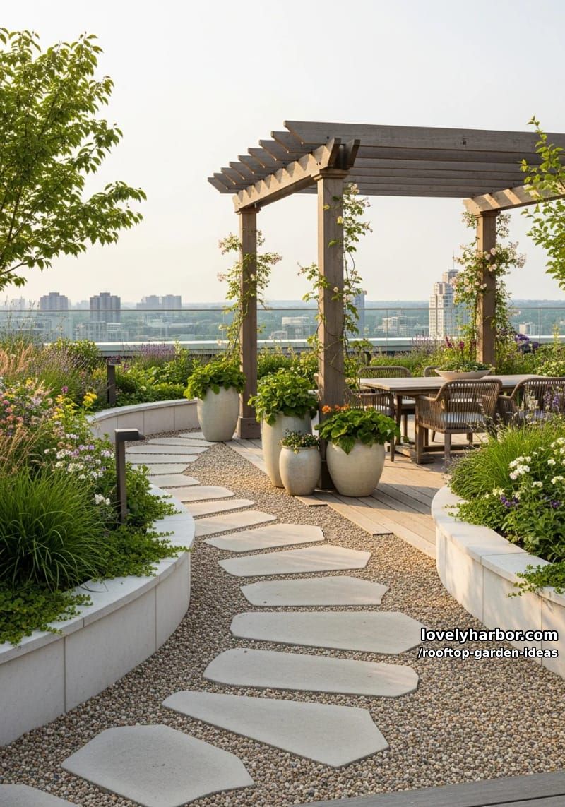 rooftop garden path with stone pavers, flower beds, and pergola. 1