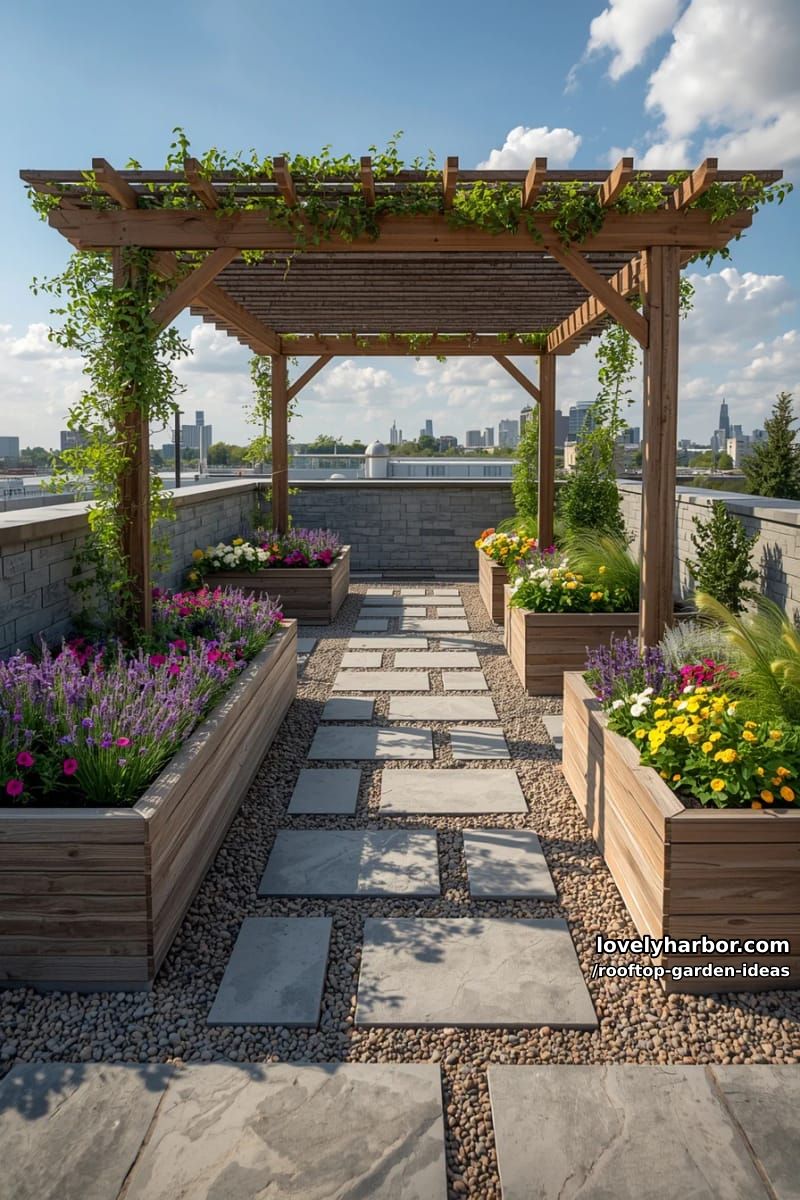 rooftop garden path with stone pavers, flower beds, and pergola. 1