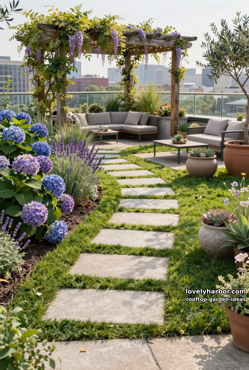 rooftop garden path with stone pavers, flower beds, and pergola. 1