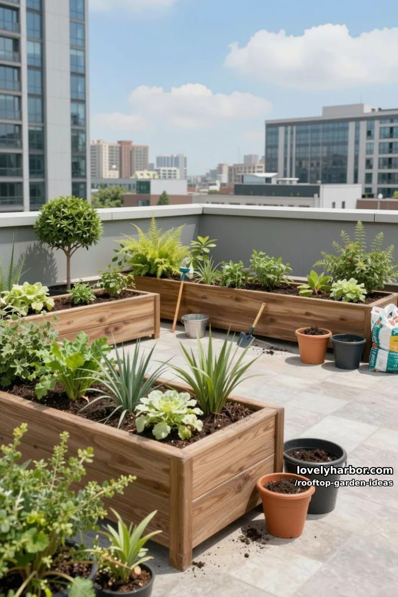 rooftop garden with raised beds, shrubs, and city view. 1