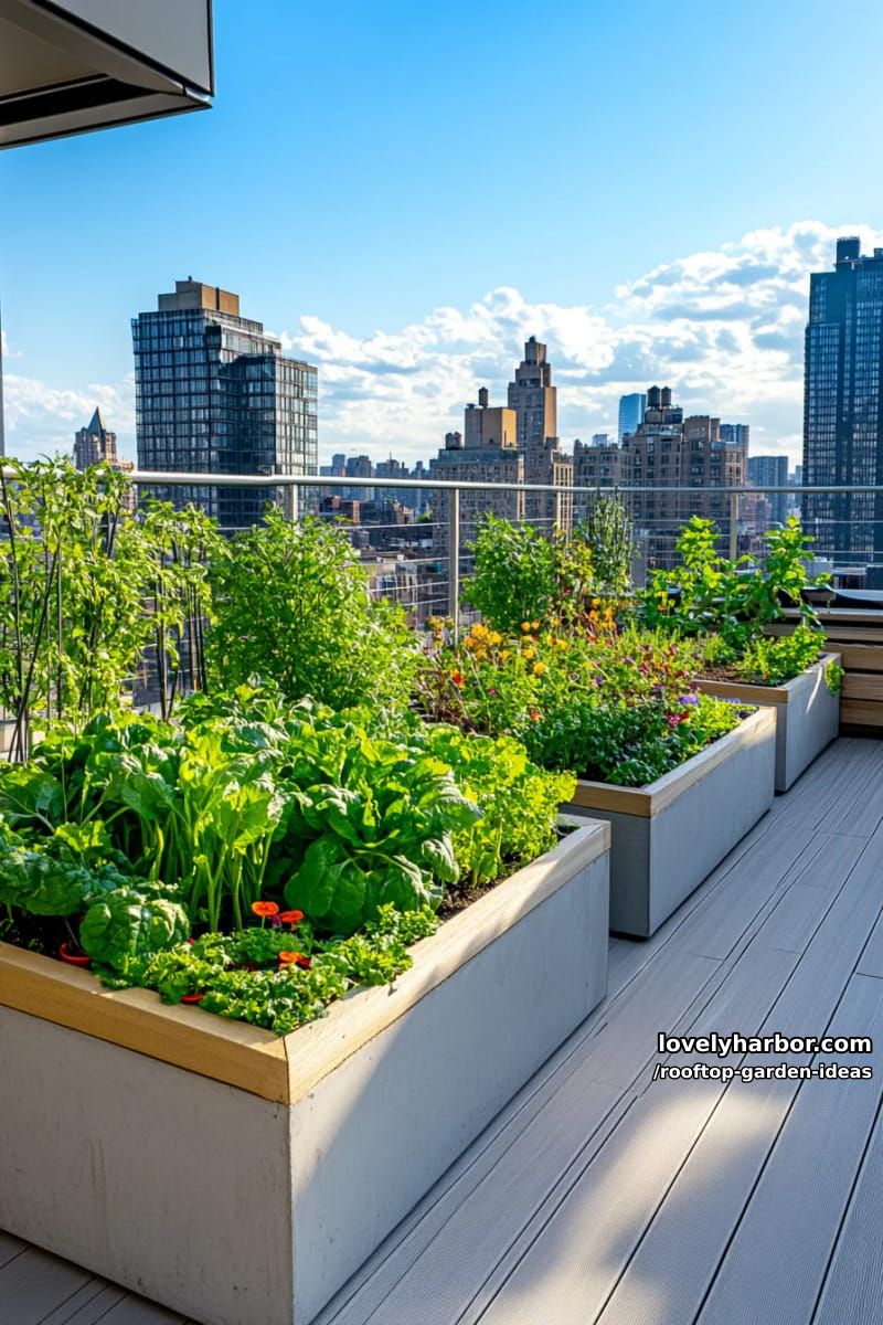 rooftop garden with raised beds, shrubs, and city view. 1