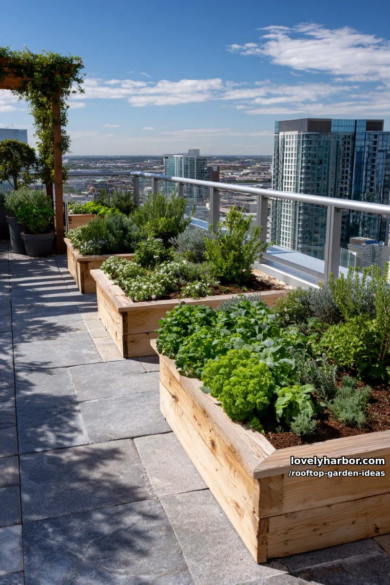 rooftop garden with raised beds, shrubs, and city view. 1