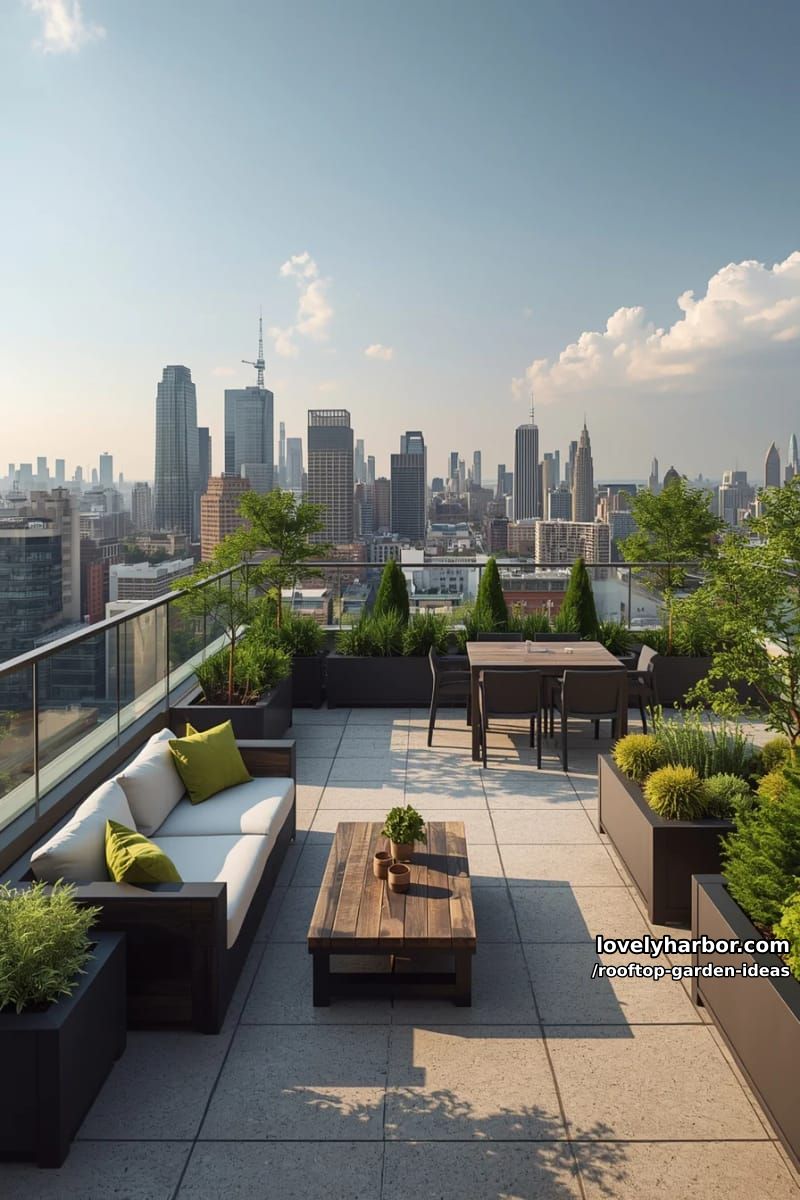 rooftop garden with stone tiles, sleek furniture, and abundant planter boxes. 1