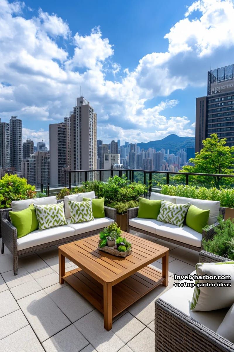 rooftop garden with stone tiles, sleek furniture, and abundant planter boxes. 1
