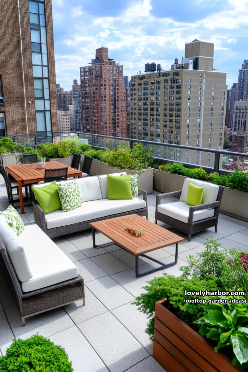 rooftop garden with stone tiles, sleek furniture, and abundant planter boxes. 1