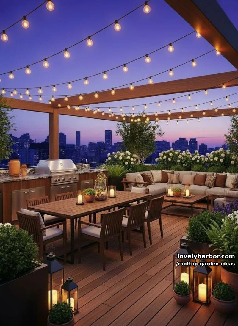 rooftop terrace at dusk with dining table, lounge area, kitchen, and string lights. 1