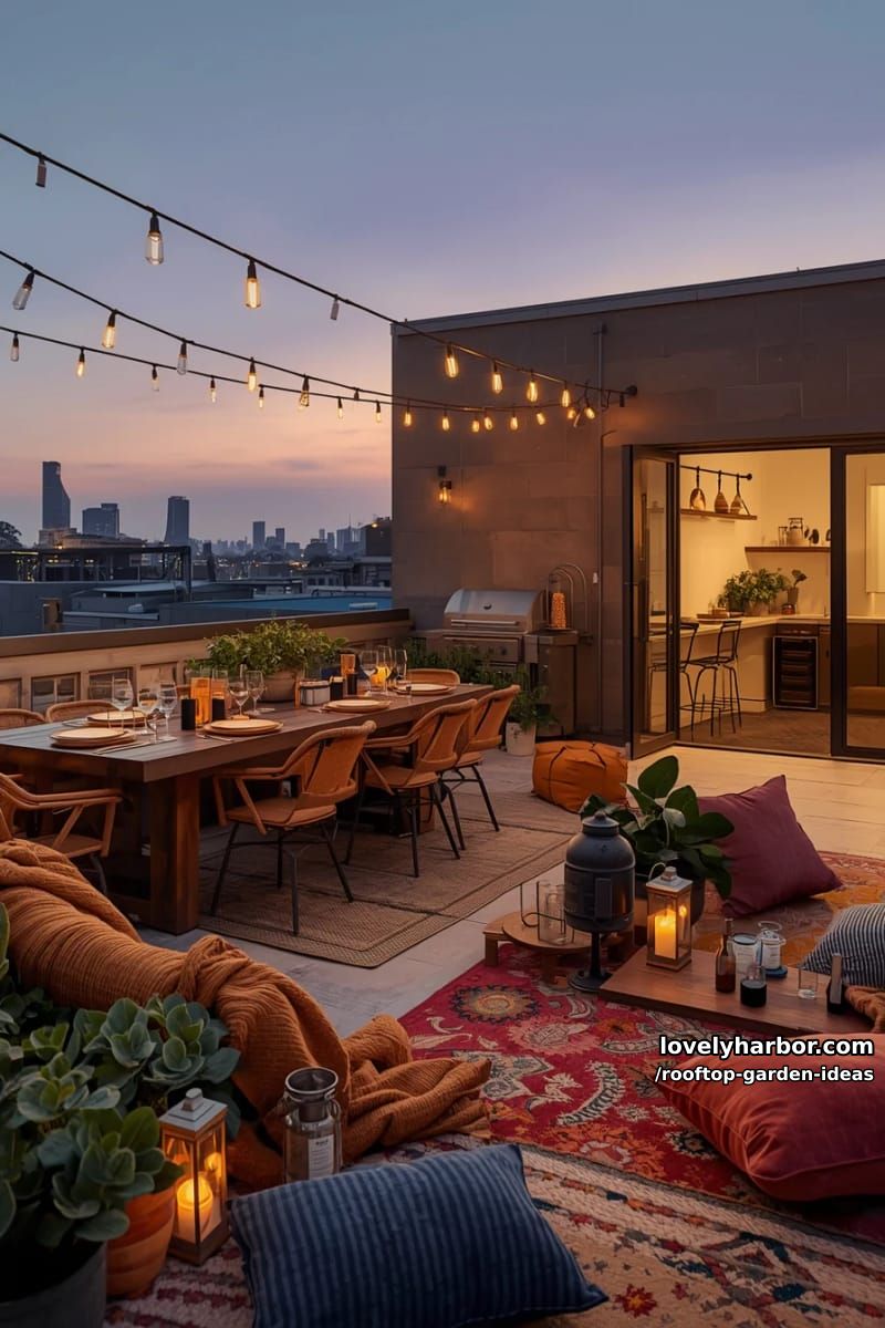 rooftop terrace at dusk with dining table, lounge area, kitchen, and string lights. 1