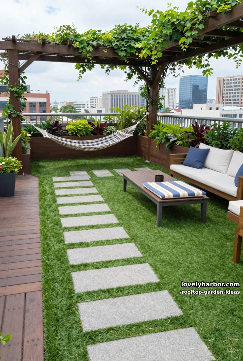 rooftop terrace with artificial grass, hammock, lush planters, and wooden pergola. 1
