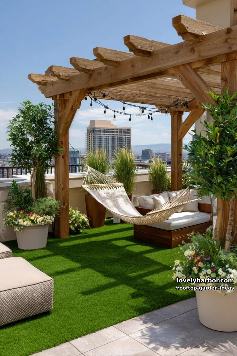 rooftop terrace with artificial grass, hammock, lush planters, and wooden pergola. 1