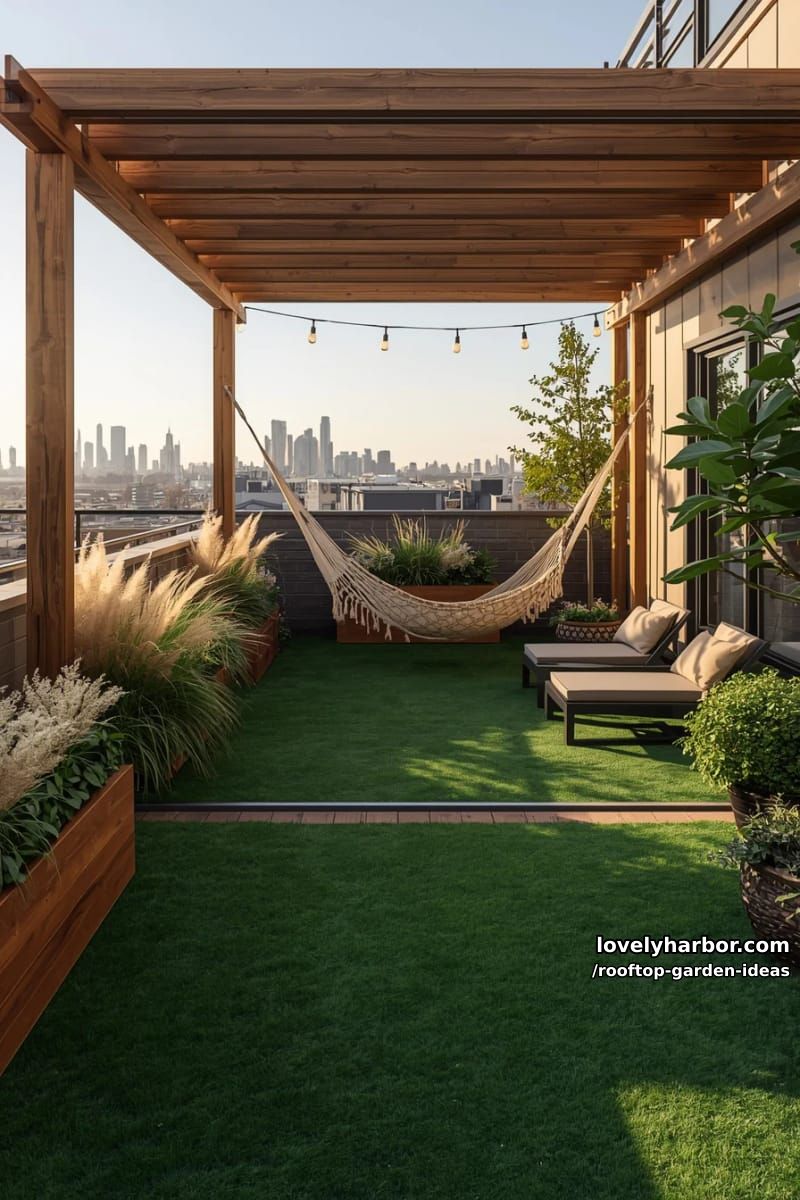 rooftop terrace with artificial grass, hammock, lush planters, and wooden pergola. 1