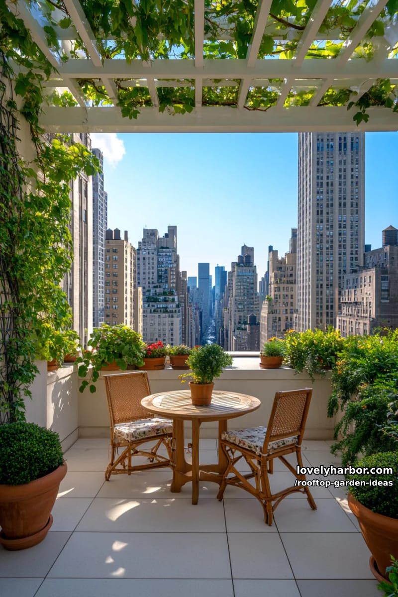 rooftop terrace with white pergola, climbing vines, potted plants, and city view. 1