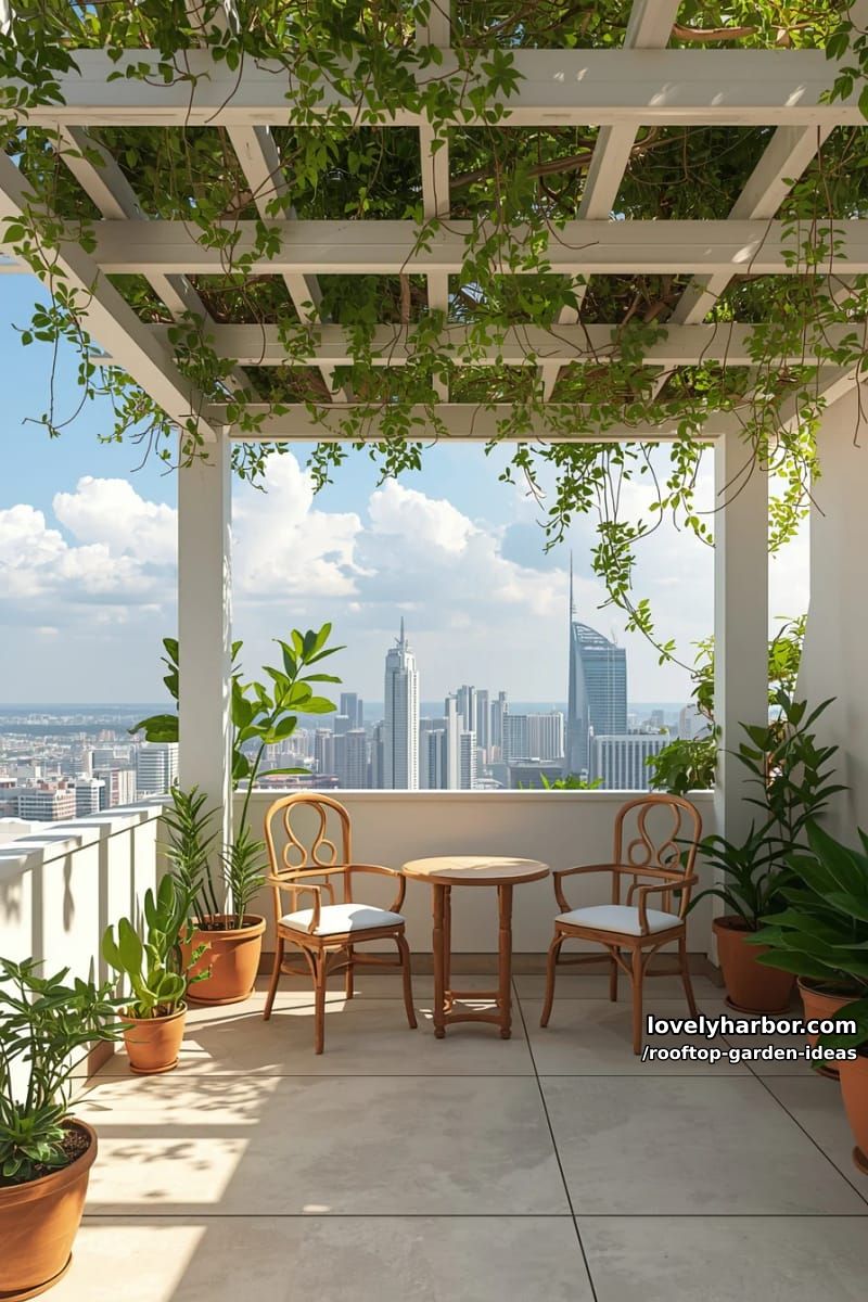 rooftop terrace with white pergola, climbing vines, potted plants, and city view. 1