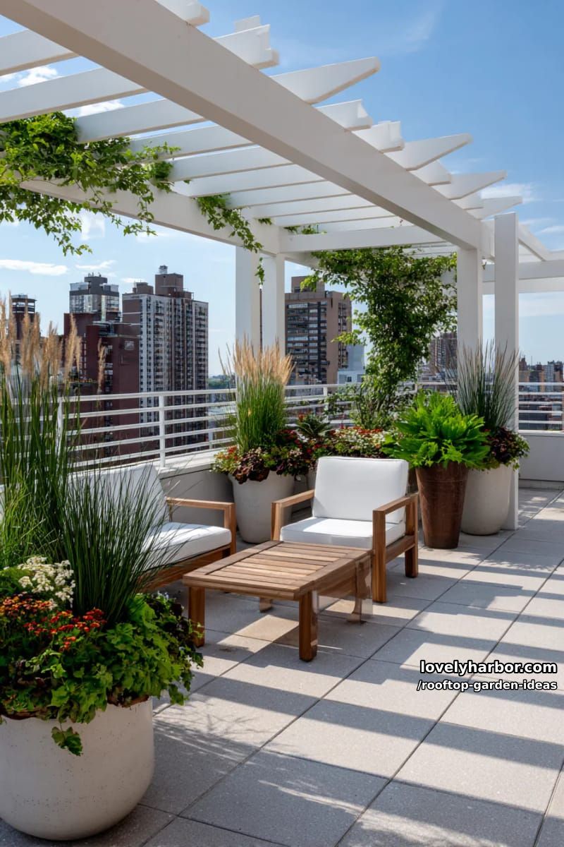 rooftop terrace with white pergola, climbing vines, potted plants, and city view. 1