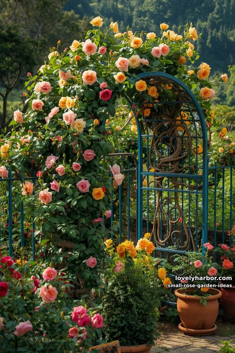 20 Chic Small Rose Garden Ideas for a Refreshing Outdoor Space 23 rose garden with climbing roses on curved blue metal arbor. 1