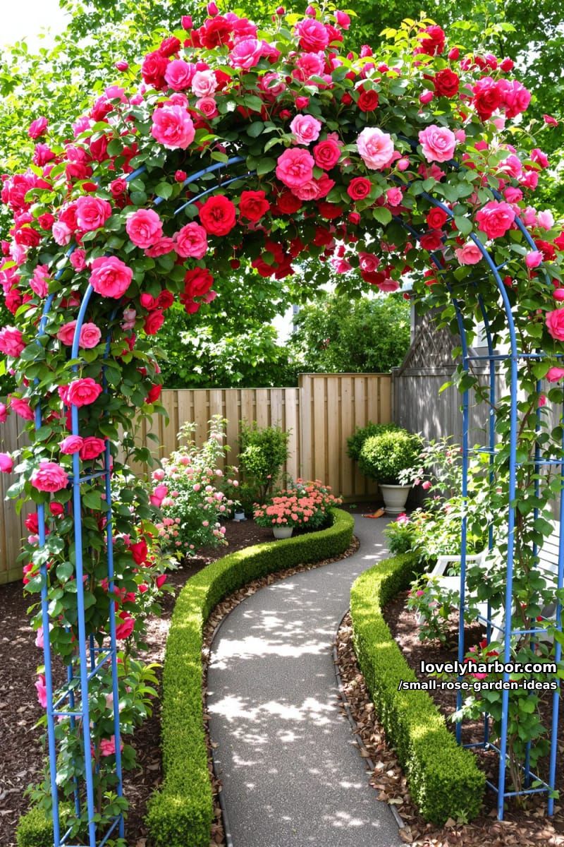 rose garden with climbing roses on curved blue metal arbor. 1