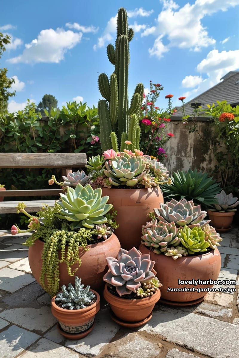 round ceramic pot with vibrant, mixed succulents and string-of-pearls. 1