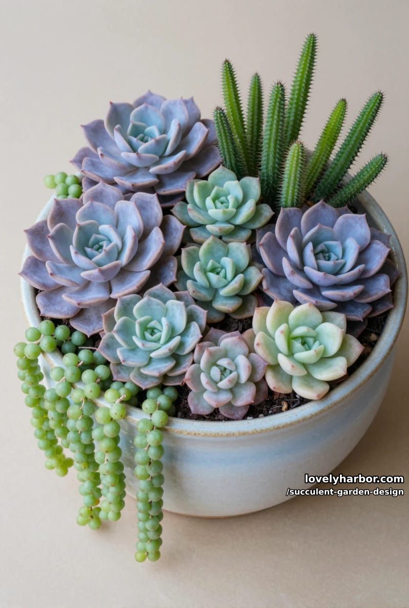 round ceramic pot with vibrant, mixed succulents and string-of-pearls. 1