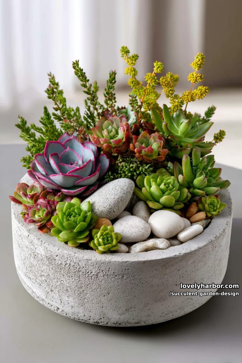 round concrete planter filled with colorful succulents and smooth stones. 1