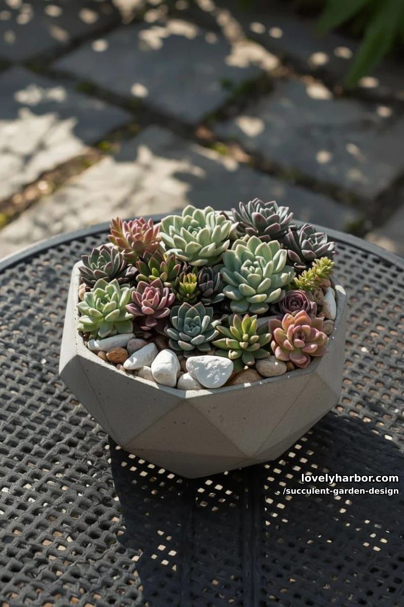 round concrete planter filled with colorful succulents and smooth stones. 1