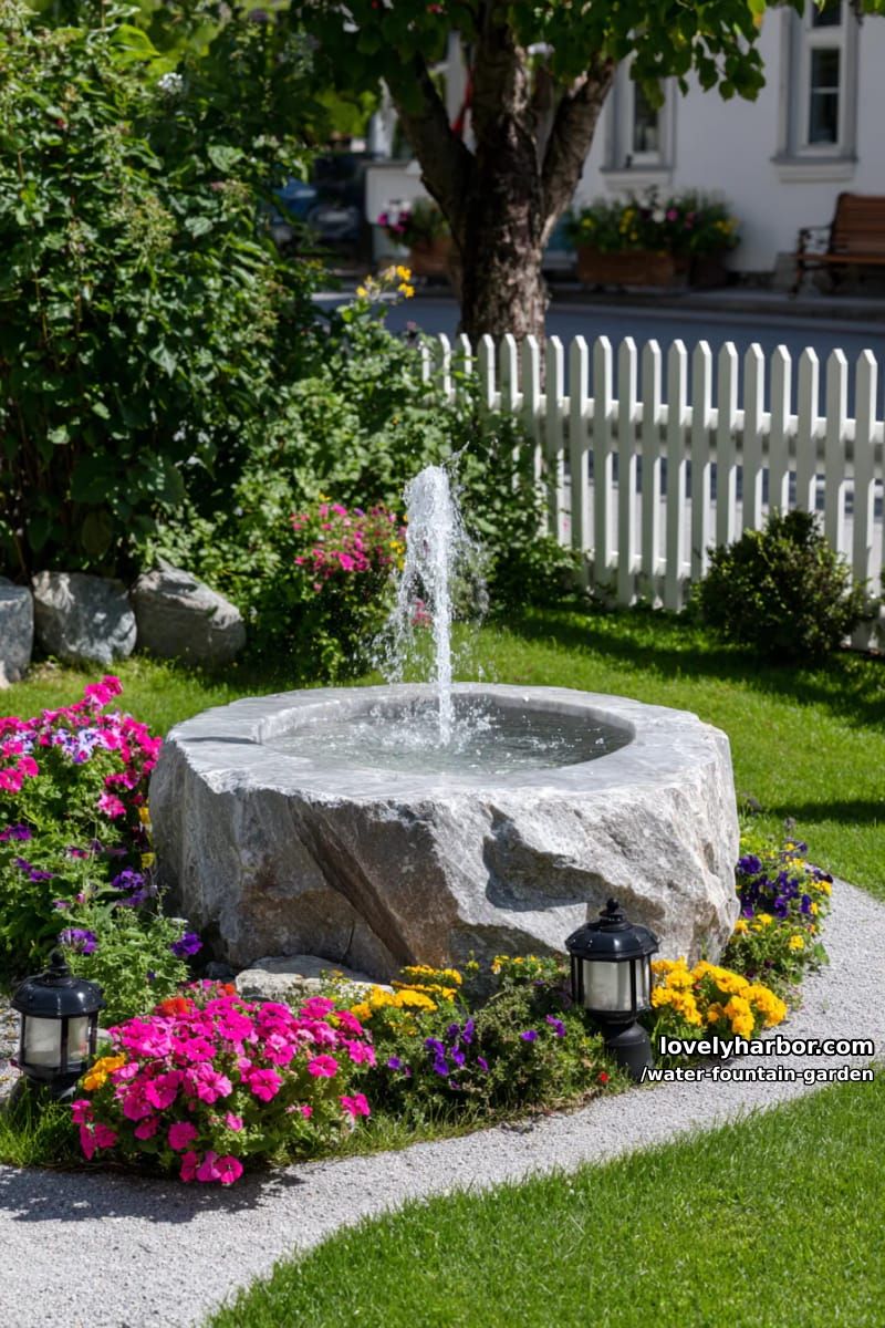 round stone fountain with water jet, blooming flowers, lanterns, and picket fence. 1