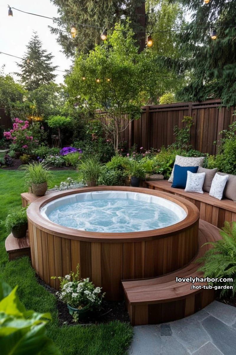 round wooden hot tub surrounded by built-in benches and potted plants. 1
