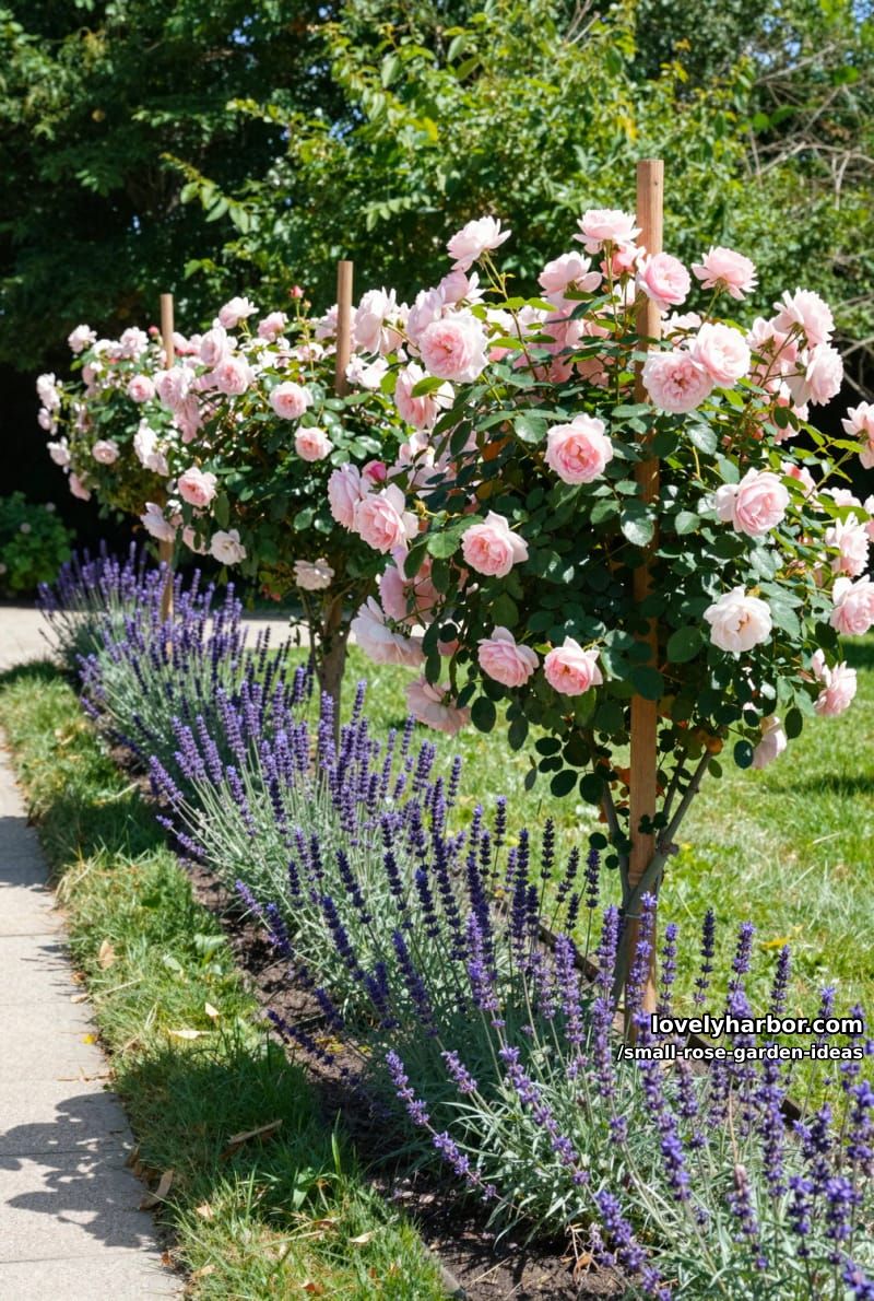 row of pale pink rose bushes bordered by blooming lavender. 1