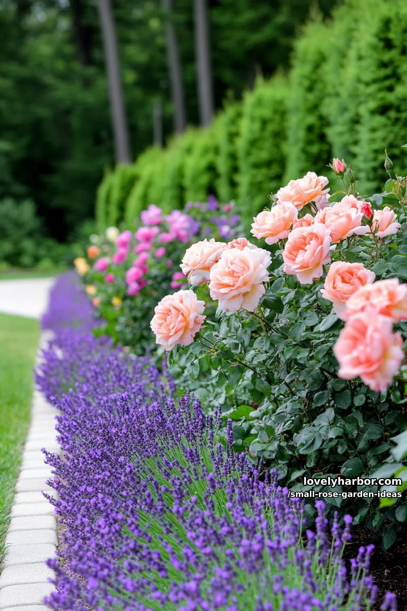 row of pale pink rose bushes bordered by blooming lavender. 1