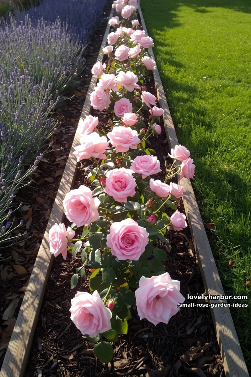 row of pale pink rose bushes bordered by blooming lavender. 1