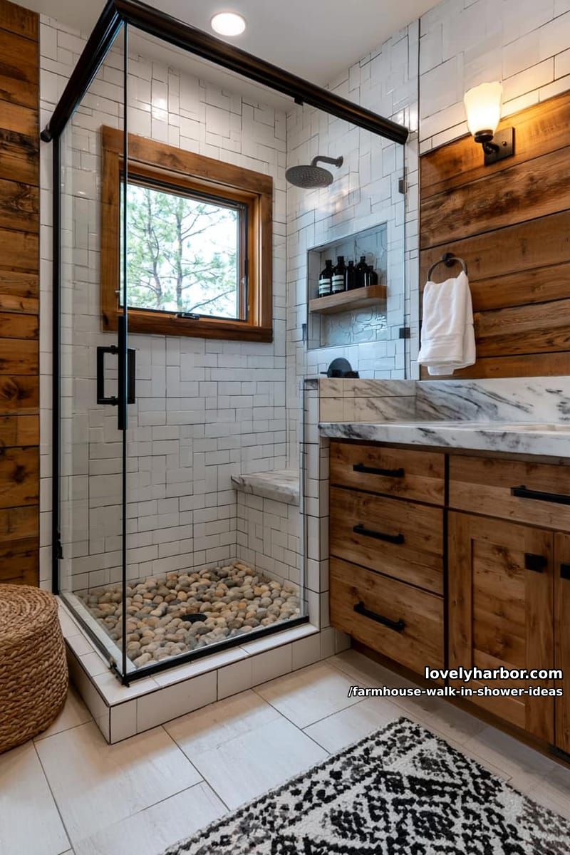 rustic bathroom with glass shower, white subway tiles, wood vanity, and black fixtures. 1