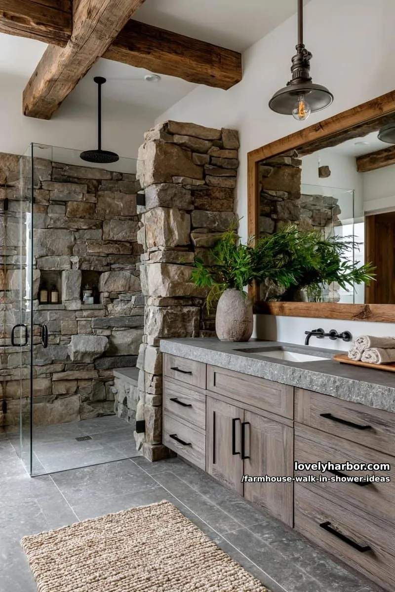 rustic bathroom with stone walk-in shower, black fixtures, vanity, and green plants. 1