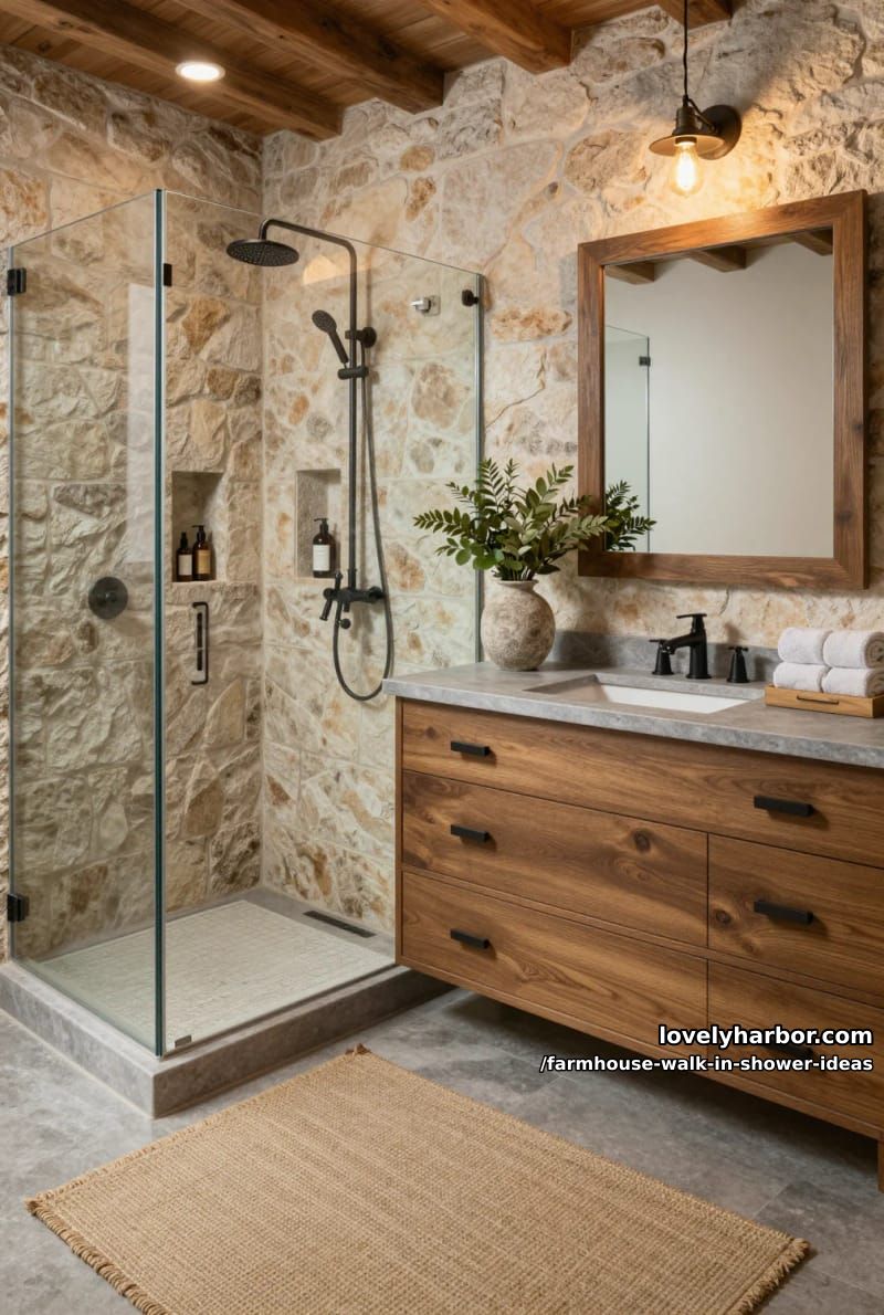 rustic bathroom with stone walk-in shower, black fixtures, vanity, and green plants. 1