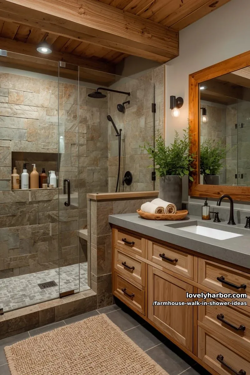 rustic bathroom with stone walk-in shower, black fixtures, vanity, and green plants. 1