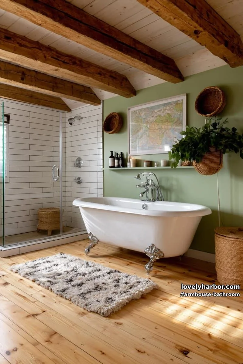 rustic bathroom with wood beams, clawfoot tub, sage green wall, and walk-in shower. 1