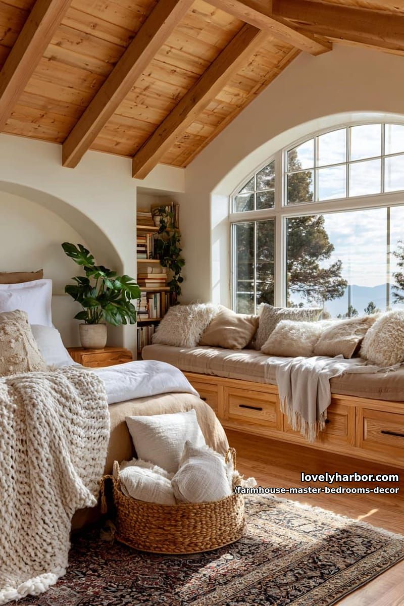 rustic bedroom with arched windows, built-in shelves, and window seat. 1
