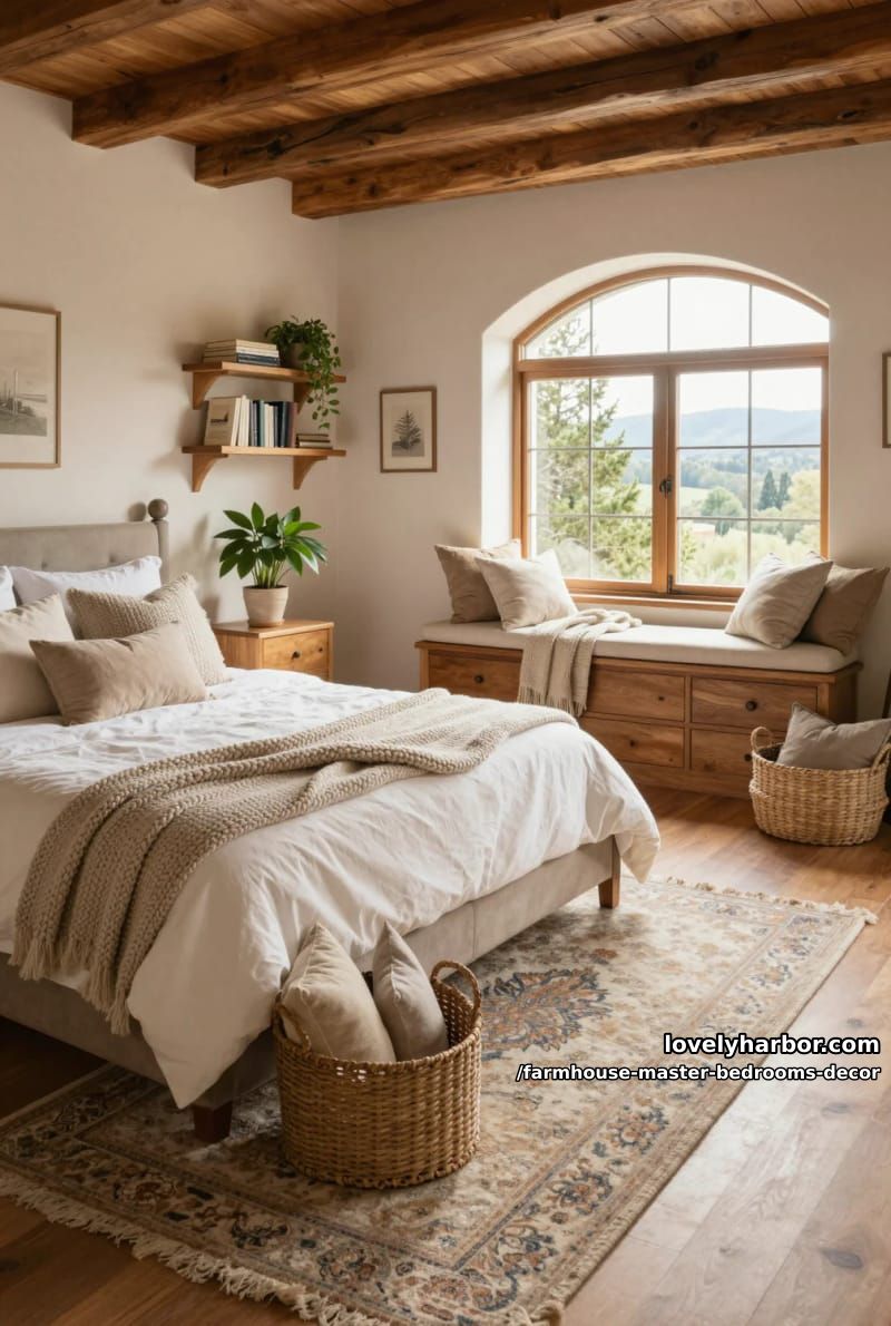 rustic bedroom with arched windows, built-in shelves, and window seat. 1