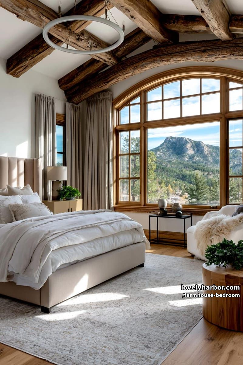 rustic bedroom with arched windows, mountain view, soft bedding, and reading nook. 1