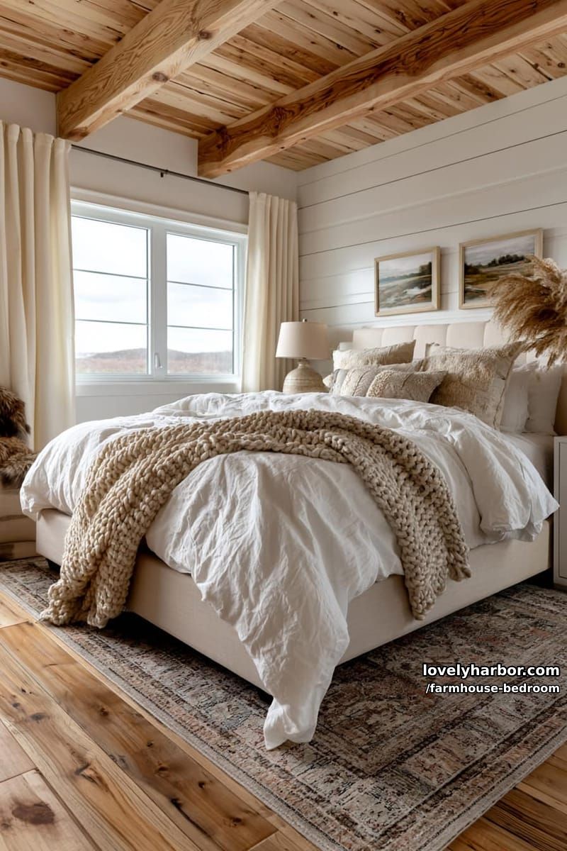 rustic bedroom with beige upholstered bed, shiplap walls, and exposed wood beams. 1