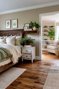 rustic bedroom with dark headboard, botanical prints, floating shelf, and reading nook. 35