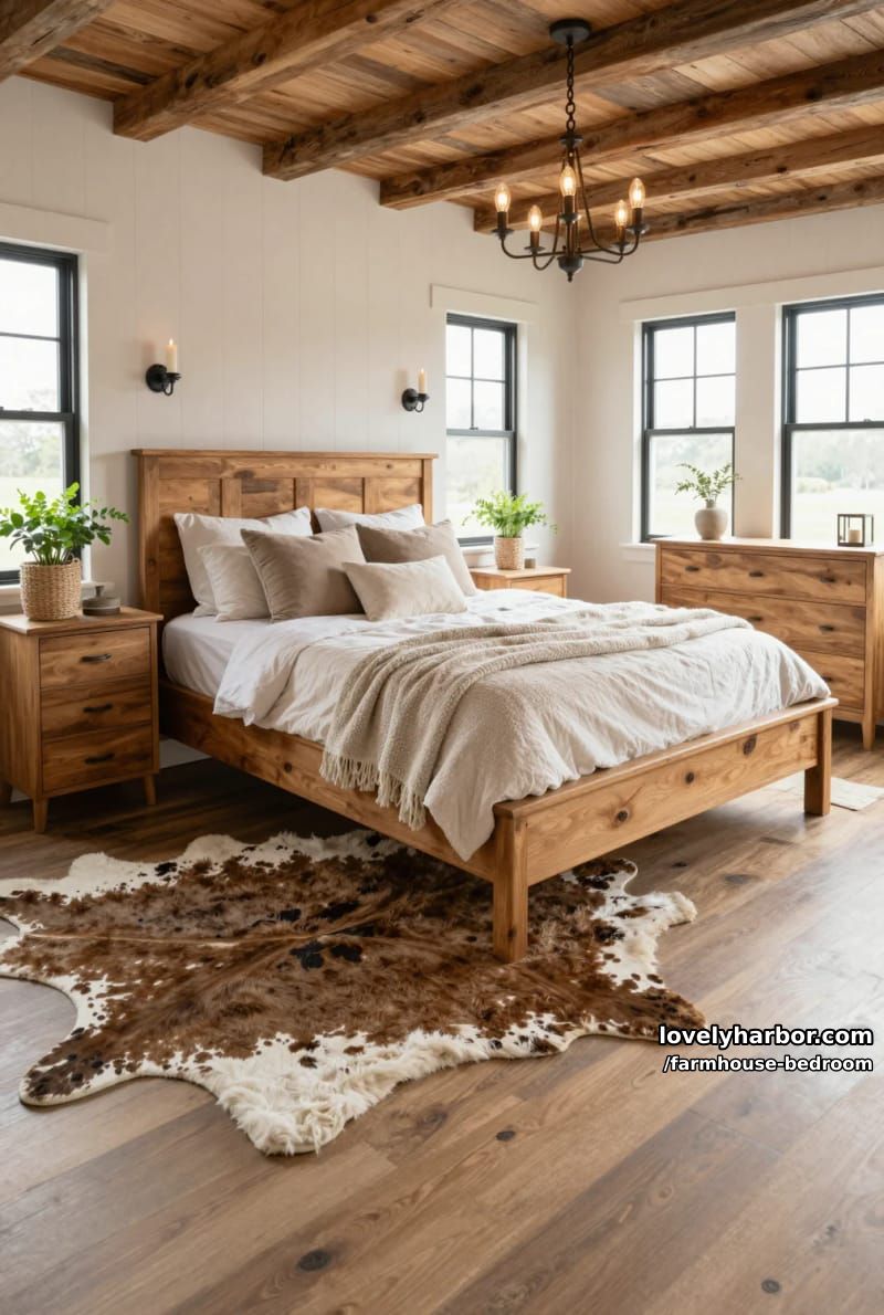 rustic bedroom with large wooden bed, cowhide rug, shiplap walls, and edison chandelier. 1