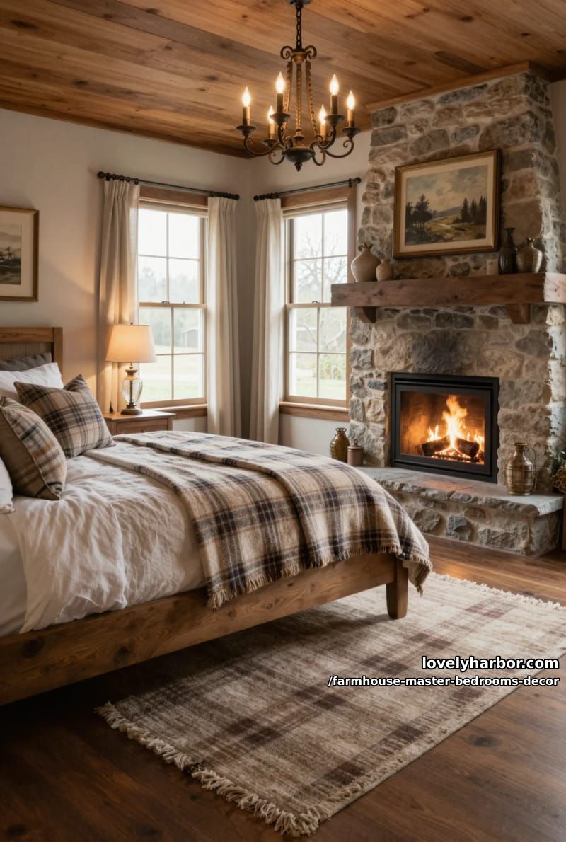 rustic bedroom with plank ceiling, stone fireplace, and plaid bedding. 1