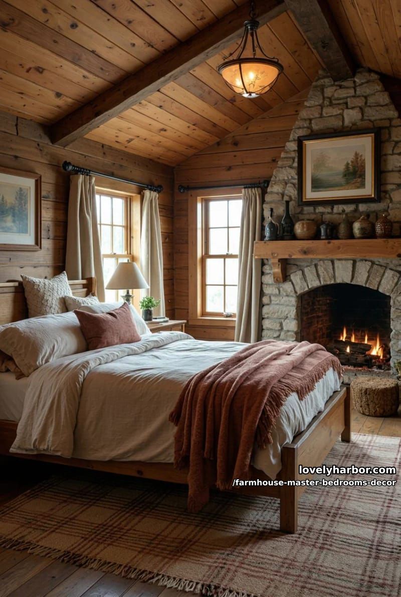 rustic bedroom with plank ceiling, stone fireplace, and plaid bedding. 1