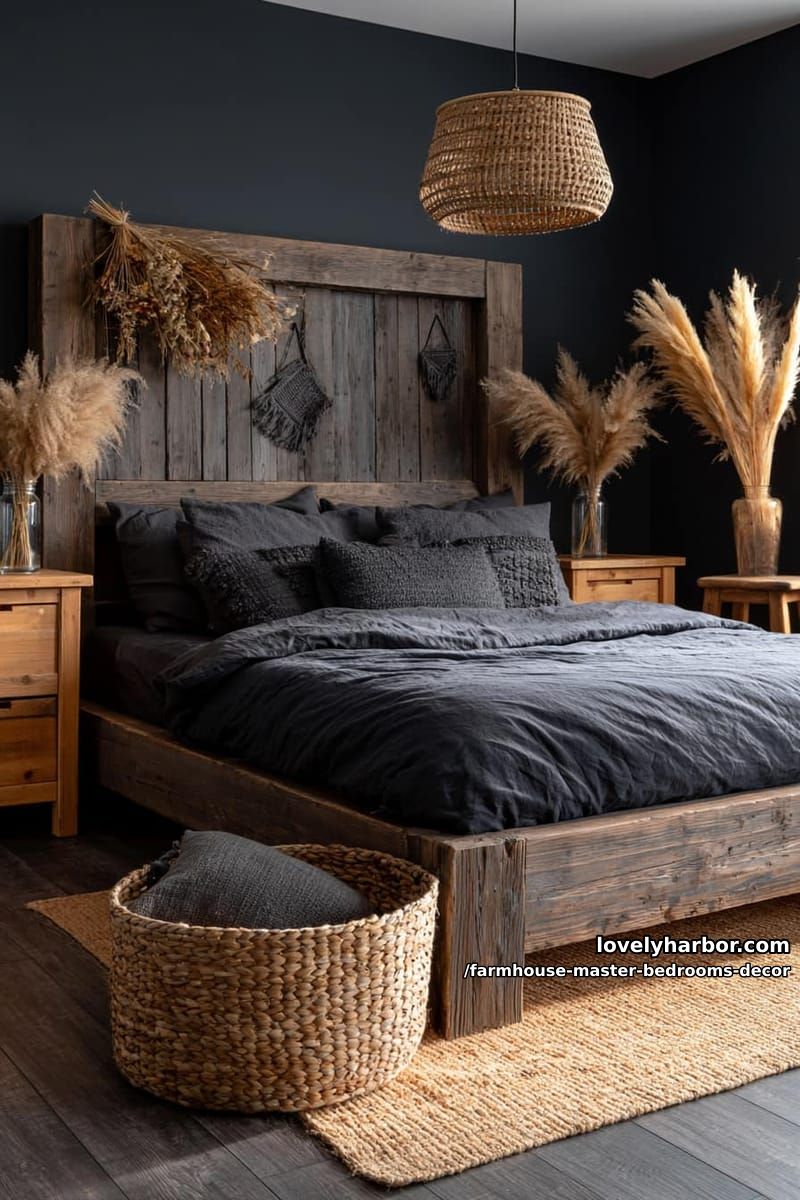 rustic bedroom with plank headboard, pampas grass, dark bedding, and black walls. 1