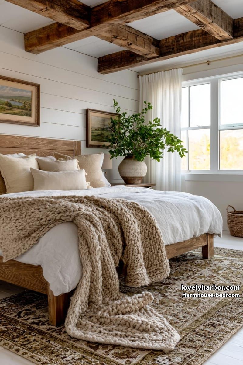 rustic bedroom with shiplap walls, white comforter, earthy rug, and landscape art. 1