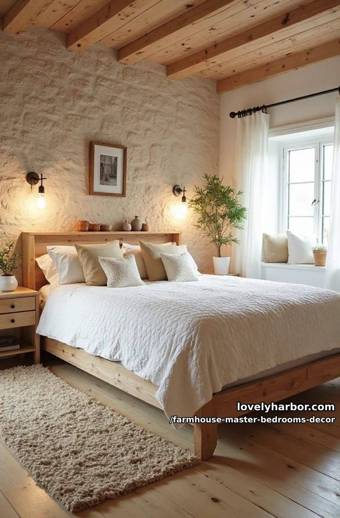 rustic bedroom with stone accent wall, wooden bed, and industrial lighting. 1