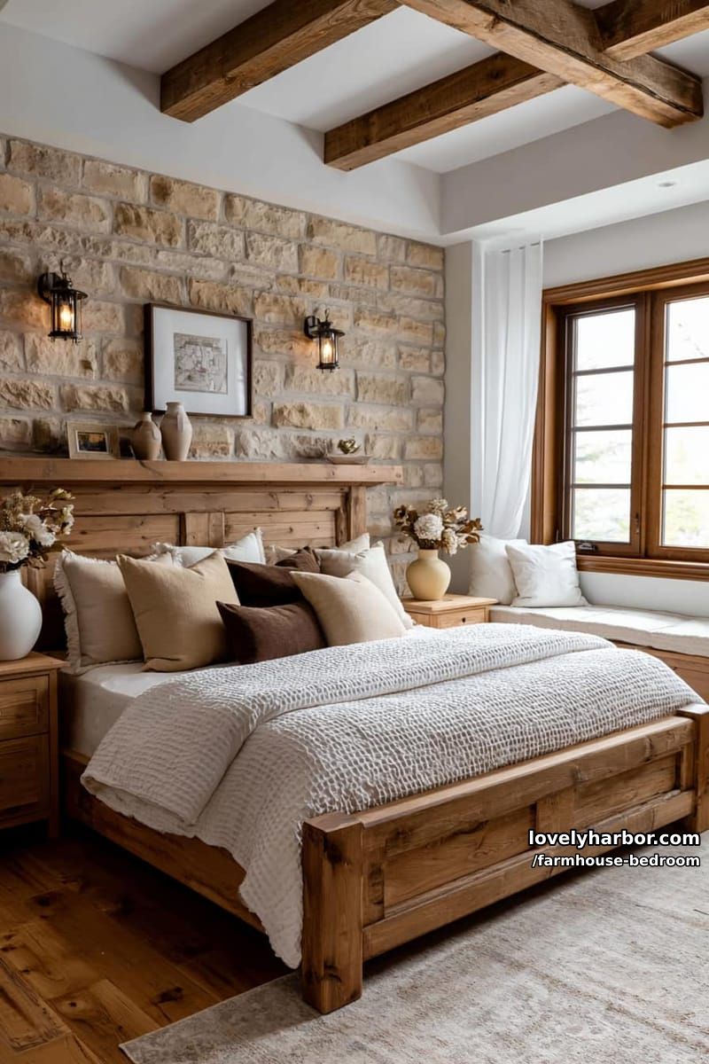 rustic bedroom with stone accent wall, wooden bed, lantern lights, and window seat. 1