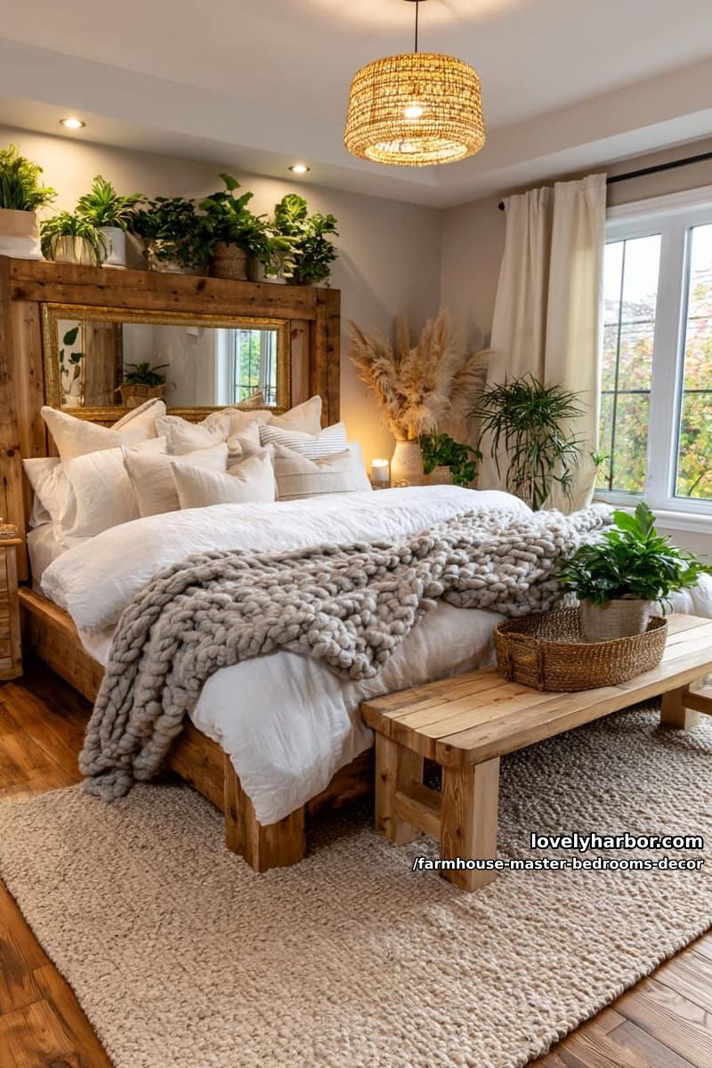 rustic bedroom with white comforter, bench with plants, and gold mirror. 1