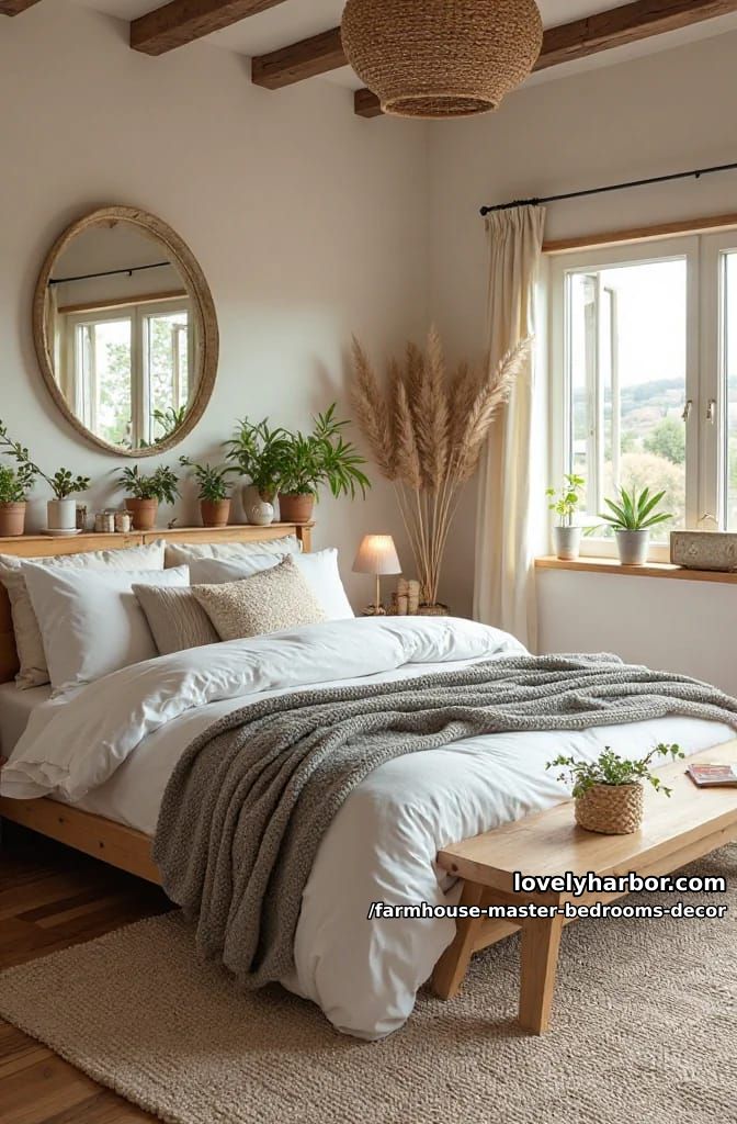 rustic bedroom with white comforter, bench with plants, and gold mirror. 1