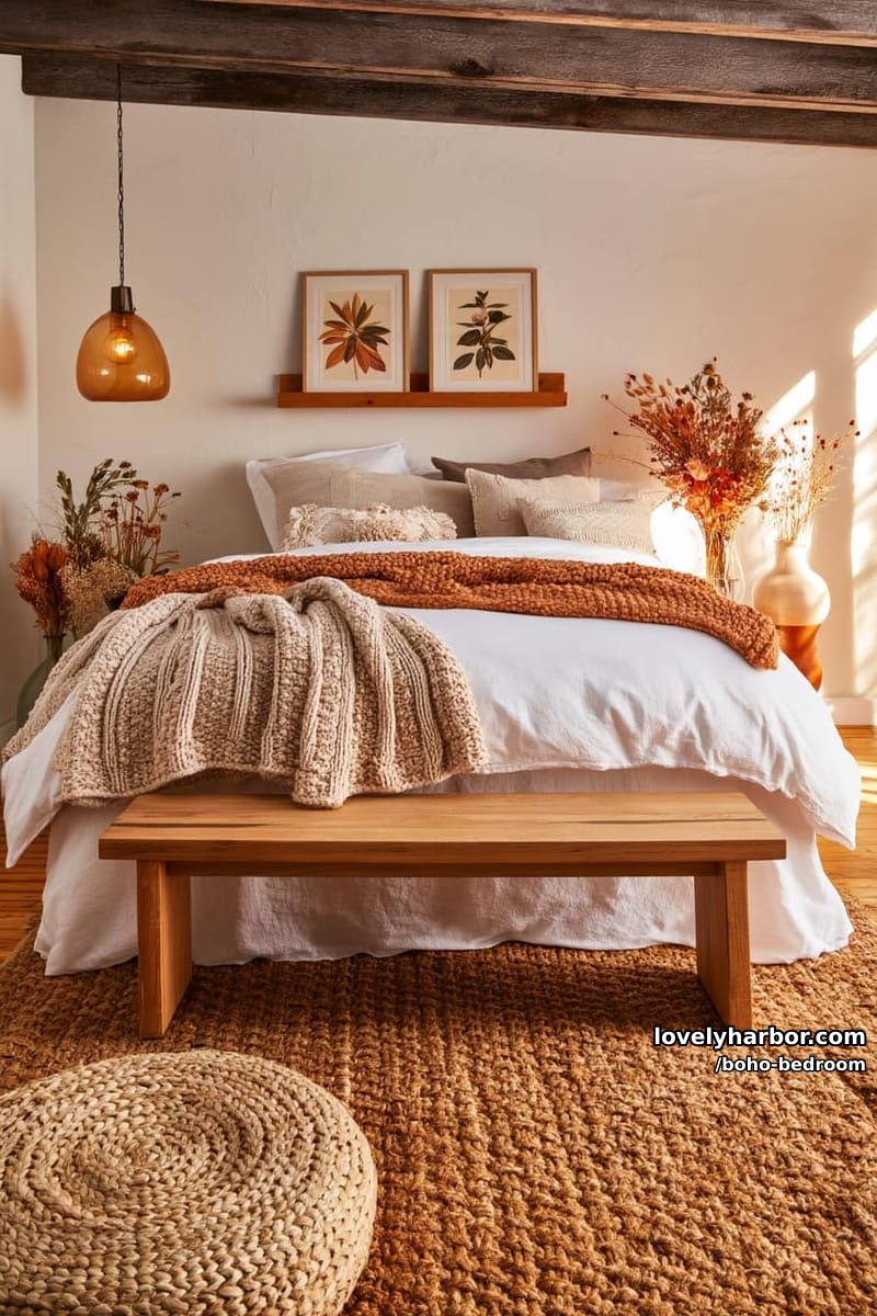 rustic bedroom with white linens, beige throws, jute rug, and dried florals. 1