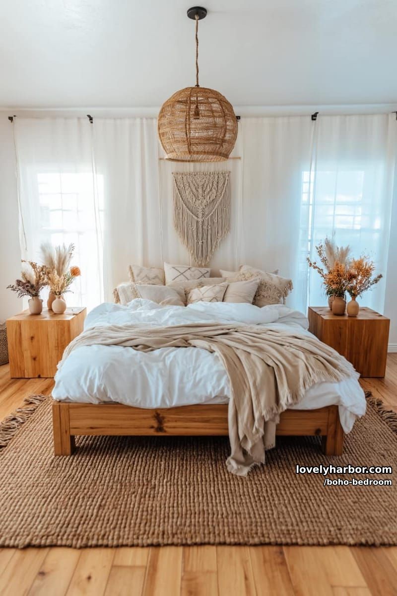 rustic bedroom with white linens, beige throws, jute rug, and dried florals. 1