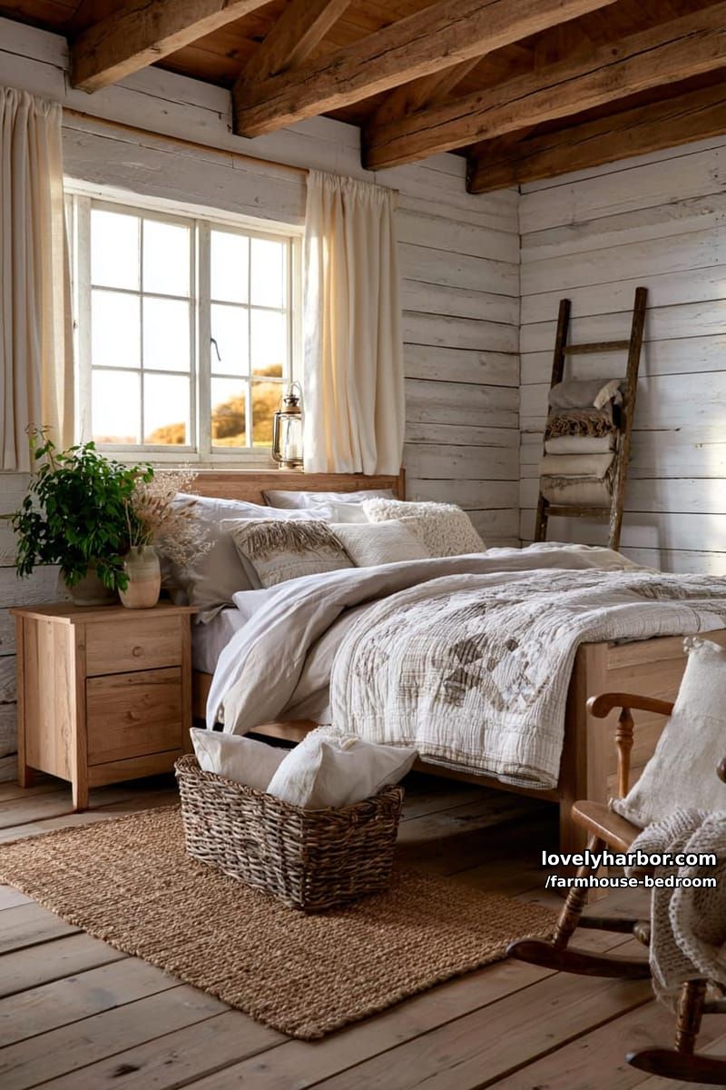 rustic bedroom with whitewashed plank walls, patchwork quilt, ladder, and rocking chair. 1
